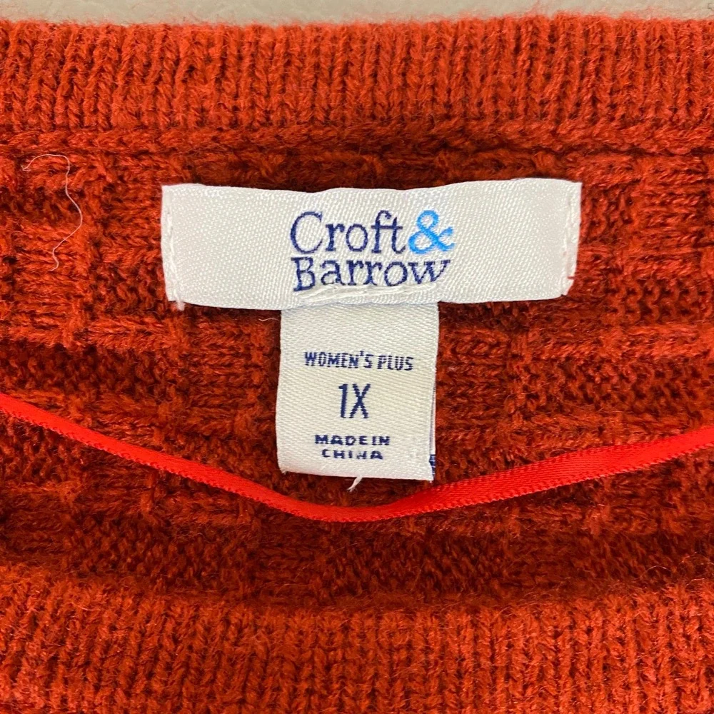 Croft & Barrow Sweater‎ Women's Plus 1X Orange Basket Weave 3/4 Sleeve Buttons *